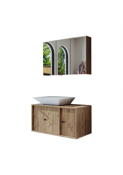 Çanak Lavabolu Mat Mdf 90 Cm Banyo Dolabı + Aynalı Dolap Atlantik Atlantik Çam