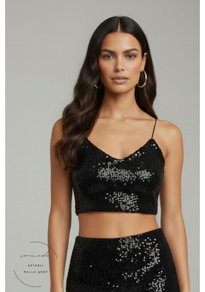 Sermoda Pullu Bluz - Pul Payetli Lastik Askılı Crop Bluz Siyah