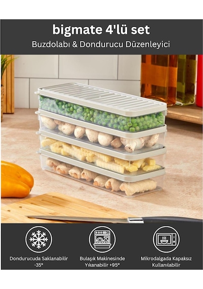 Bigmate Bgmt1515 4'lü Şeffaf Saklama Kabı 4x1 Lt Mikrodalga Buzdolabı Ve Dondurucu Uyumlu Düzenleyici Krem
