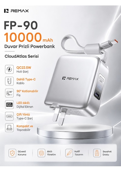 Remax Cloudatlas 10000mah 22.5w Dahili Type-c Kablolu & Katlanır Fişli Powerbank Adaptör Fp-90 Gümüş Gümüş - Gri