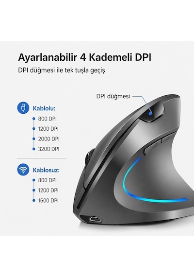 Ergonomik Dikey Kablosuz Mouse, 2.4 Ghz Usb Alıcı Ve Bluetooth Bağlantılı, Type-c Şarjlı, 6 Tuşlu, Ayarlanabilir Dpı, Windows Mac Linux Uyumlu 7043 Siyah