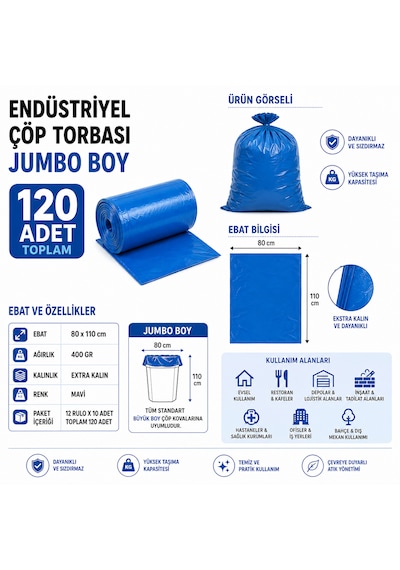 Endüstriyel Çöp Torbası Jumbo Boy 80x110 Cm 400 Gr 12 Rulo 120 Adet Mavi Çöp Poşeti