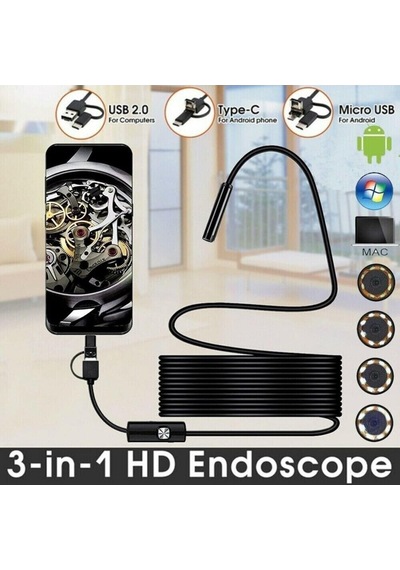 3'ü 1 Arada Endeskop Kamera Mikrofon Usb Ve Tip-c 6 Led Su Geçirmez 10 Metre Borescope Yılan Kamera Siyah 5 Metre