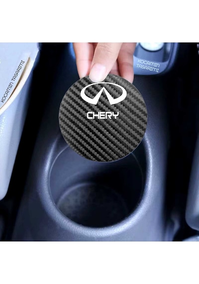 Chery Uyumlu Siyah Karbon Araç Bardak Altlığı Chery Logolu Uyumlu Özel Üretim 2 Adet 7 Cm 2 Adet
