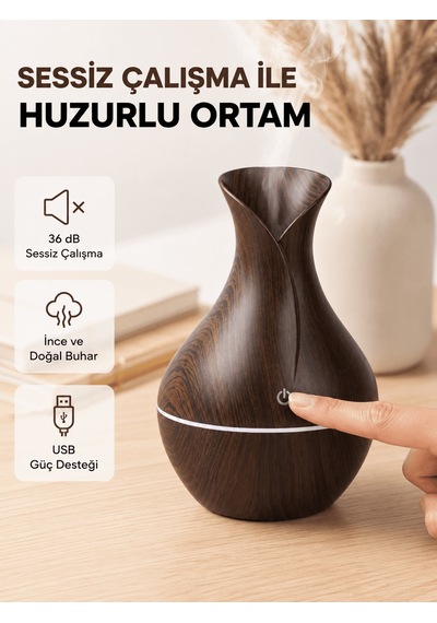 Ahşap Desenli Aromaterapi Difüzör 130 Ml Ultrasonik Ve 7 Renk Led Işıklı Açık Altın