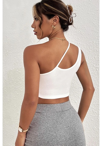 Moda Dua Kadın Beyaz Tek Omuzlu Çapraz Askılı Crop Top Büstiyer