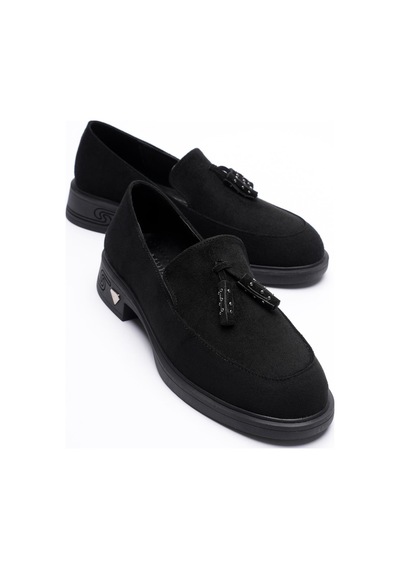 Kadın Süet Loafer Püsküllü Siyah Riva Siyah Süet