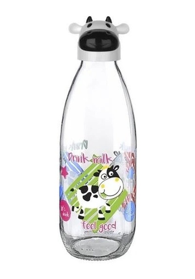 İnek Tasarımlı Sevimli Cam Suluk - Süt Şişesi 1000 Ml Çok Renkli