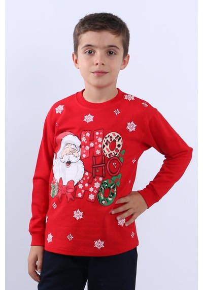 Çocuk Yılbaşı Sweat Noel Baba Ve Kar Tanesi Baskılı Ribanalı E29 Kırmızı