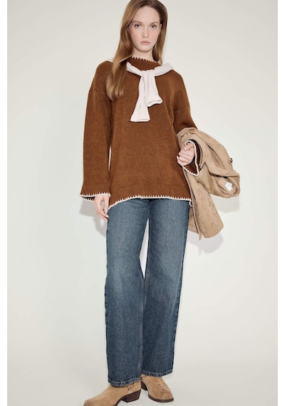 Defacto Regular Fit Bisiklet Yaka Triko Kazak Tunik G6342ax25wnbn467 Kahve-bn467