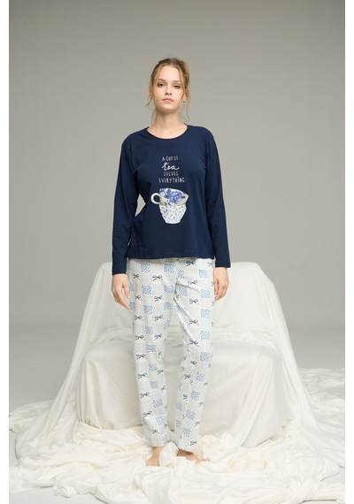 Siyah İnci Örme Pamuklu Pijama Takım25240247 Lacivert