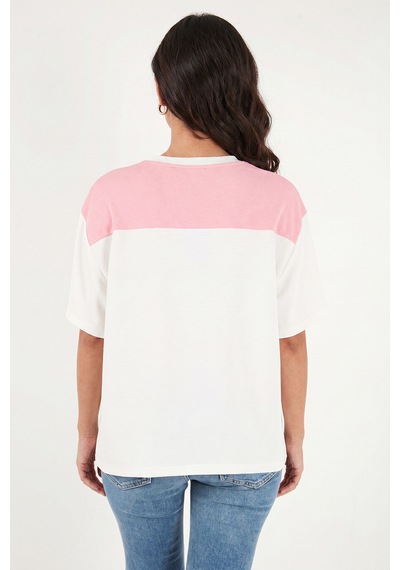 Lela Rahat Kalıp Bisiklet Yaka Omuz Şal Detaylı T Shirt Bayan T Shirt 5867044 Ekru-pembe