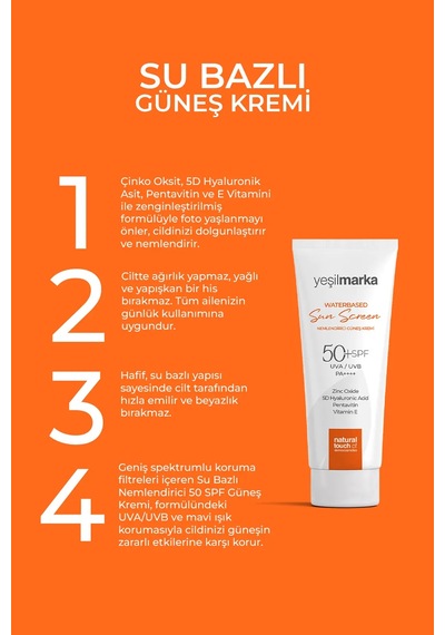 Yeşilmarka Su Bazlı Nemlendirici Güneş Kremi 50 Faktör Spf 50 Ml