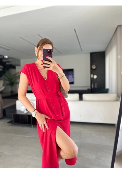 Defymoda Kadınn V Yaka Düğme Detay Kuşak Dahil Elbise Kırmızı