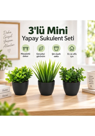 3 Lü Mini Yapay Çiçek Sukulent Seti, Saksılı Yapay Sukulent Bitki, Dekoratif Masaüstü Mini Bitk Belirtilmemiş