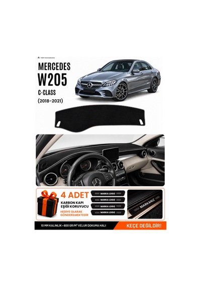 Mercedes W205 C-class 2018-2021 Uyumlu Torpido Örtüsü, Torpido Kılıfı - Siyah Gri