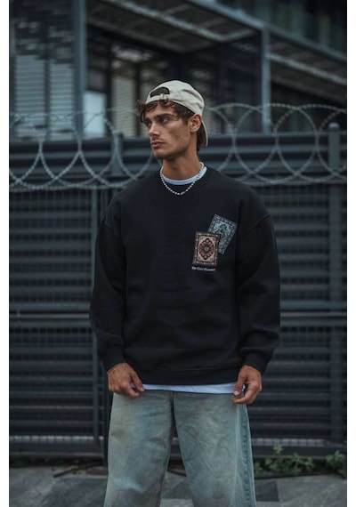 Uzun Kol Bisiklet Yaka Baskılı Sweatshirt - Siyah -