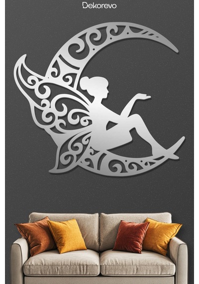 Peri Ve Hilal Ay Metal Duvar Tablosu - Metal Duvar Tablosu - Krom - 45 X 50 Cm