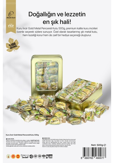500g Kuru Incir Gold Metal Pencereli Kutu 500 G