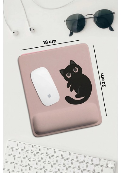 Sonictouch Pembe Bilek Destekli Siyah Kedili Dikdörtgen Pürüzsüz Yüzey Ergonomik Mouse Pad 18x22cm Mousepad