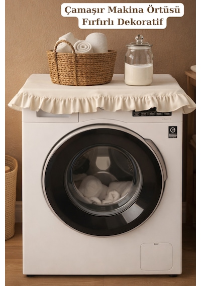 Vintage Fırfırlı Çamaşır Makinesi Örtüsü - Çeyizlik Pamuklu Dekoratif Banyo Makine Kılıfı Bej