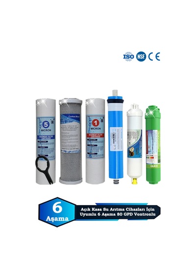 Sumarkt Açık Kasa Su Arıtma Cihazı Uyumlu 6 Aşama Cift Sediment 80 Gpd Vontron Alkalinli Filtre Bakım Seti