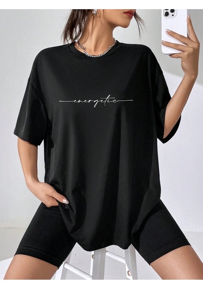 Energetic Yazılı T-shirt - Siyah Baskılı Oversize Bisiklet Yaka Kısa Kol Tişört Siyah