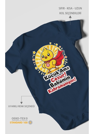 Morivokids Küçük Ama Cesur Babamın Kahramanıyım Kısa Kollu Bebek Body %100 Pamuk Lacivert