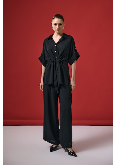 Beli Bağlamalı Kimono Gömlek - Siyah-137288