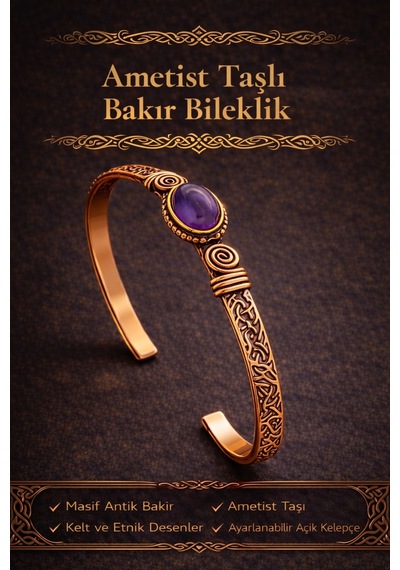 Kadın Bakır Bileklik Ametist Taşlı Kelepçe Bilezik Diğer