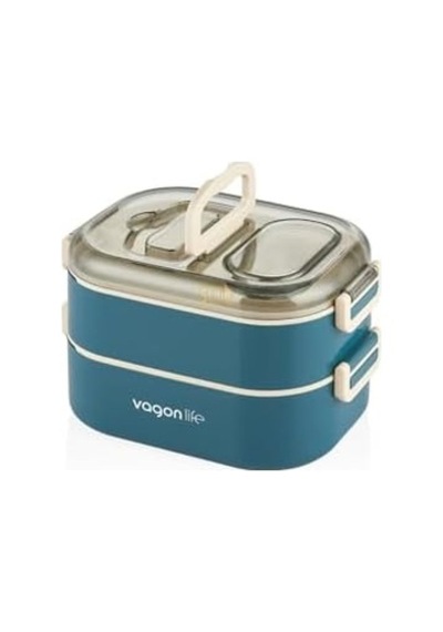 1000ml Lunchbox Çift Katlı 3 Bölmeli Çelik Sefer Tası Yemek Kutusu Lacivert Açık