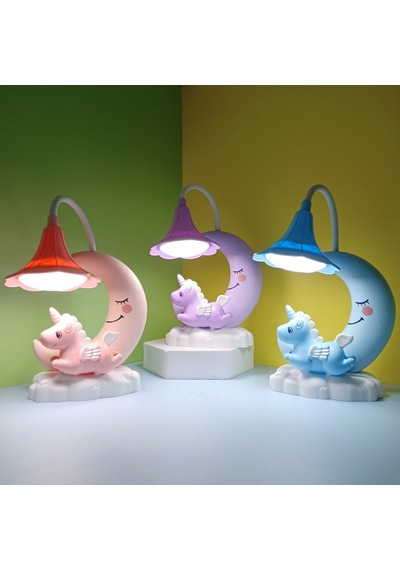Ay Ve Unicorn Tasarımlı Sevimli Şarjlı Masa Lambası Pembe