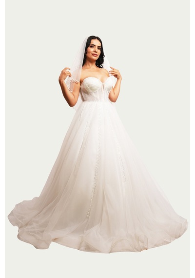 Canım Kendim Store İnci Beyazı Drape - Transparan Detaylı Helen Model Gelinlik Beyaz