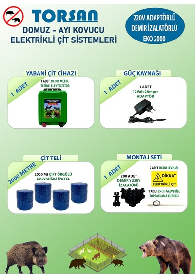 Torsan 220v Adaptörlü Eko Plus 2000 Elektrikli Çit Sistemi Domuz - Ayı Kovucu 2000mt
