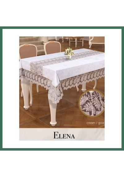 En-cag Elena Model Krem-gold Keten İşlemeli 160x220 Cm Dantelli Yemek Masası Örtüsü Bss