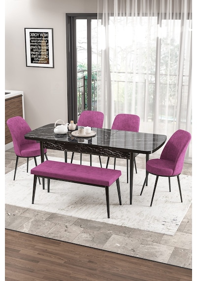 Canisa Concept Zen Serisi 80x132 Mdf Açılabilir Siyah Mermer Desen Masa Takımı 4 Mor Sandalye Ve 1 Bench Masa Siyah Mermer Sandalye Ve Bench Mor Canisa Concept Zen Serisi 80x132 Mdf Açılabilir Siyah Mermer Desen Masa Takımı 4 Mor Sandalye Ve 1 Bench Masa Siyah Mermer Sandalye Ve Bench Mor