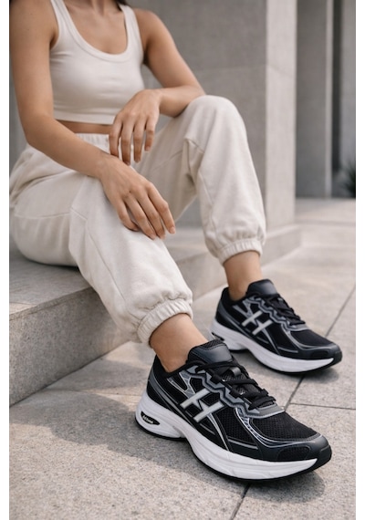 Muggo Hynex Kadın Kalın Taban Bağcıklı Günlük Sneaker Spor Ayakkabı Siyah