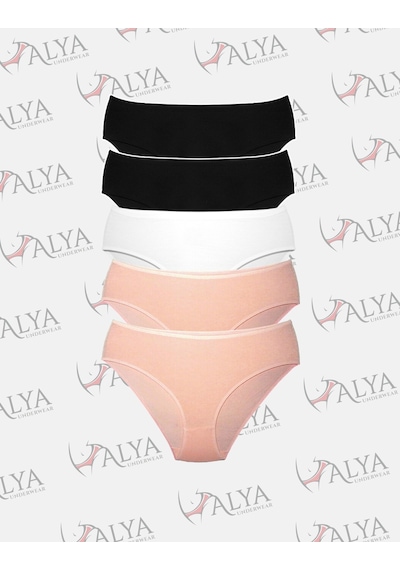 Alya Underwear Kadın Pamuklu Hipster - Slip Külot 5 Farklı Renk 1 Pakette Siyah-Beyaz-Ten