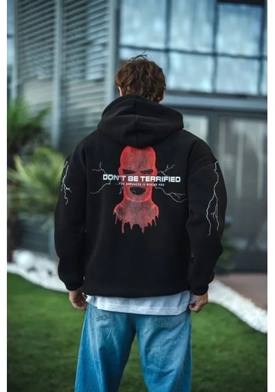 Vexor Üç İplik Kapüşonlu Baskılı Oversize Sweatshirt- Siyah