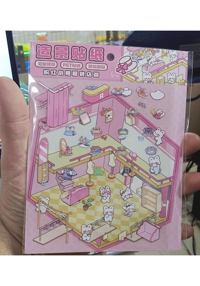 Pembe Tavşan Butik Tasarım Oda Sticker Seti Dıy Giysi Mağazası Sahneli Çok Renkli