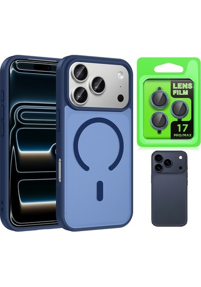 Vendas Apple iPhone Uyumlu  17 Pro Kılıf M-safe Şarj Özellikli Zore Babet Kapak + Kamera Lens Koruyucu Lacivert