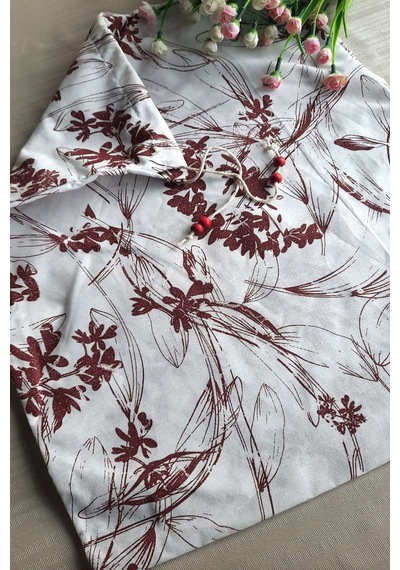 Bordo Çiçekli Ekmeklik - Askılı Büzgülü Keten Ekmek Torbası 50x40