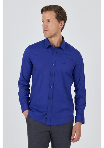 İmza Uzun Kol Düz Bez Ayağı Sert Yaka Cepsiz Pamuklu Classic Slim Fit Gömlek 1004250195 Saks