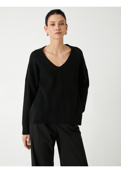 Koton Basic V Yaka Oversize Triko Kazak Yumuşak Dokulu Uzun Kollu Siyah 5wak90252ht Siyah