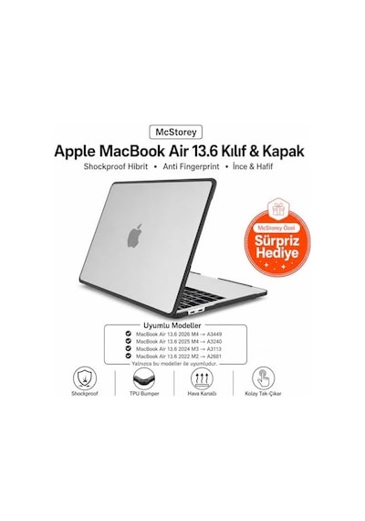 Macbook Air 13.6 İnç M2 M3 M4 M5 Uyumlu Darbe Korumalı Sert Kılıf Rugged Koruma Hard Case A2681 A3113 A3240 A3449 Güçlendirilmiş Köşe Koruma Şeffaf