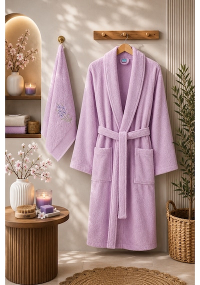Havlulu Bornoz 2'li Set Bornoz + 50 X 85 Cm Baş Havlusu, Pamuklu, Cepli, Spa Ve Otel Konforu Leylak
