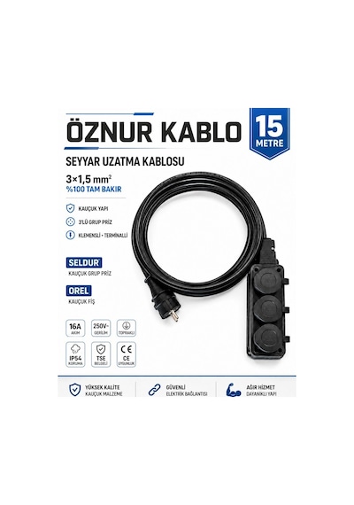 Öznur Kablo Seyyar Uzatma Kablosu 15 Metre Ttr 3x1,5 Mm %100 Tam Bakır Kablo Seldur 3'lü Kauçuk Grup Priz Orel Kauçuk Fiş Ip54 Ip44 15 M