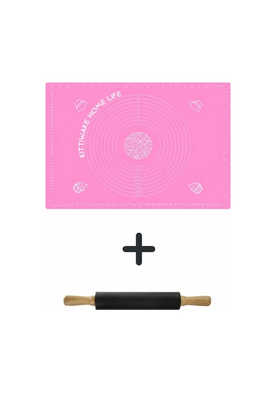 Pembe Silikon Hamur Açma Matı 45x65 Cm + Siyah Silikon Merdane 42 Cm Kaymaz Yapışmaz Hamur Seti