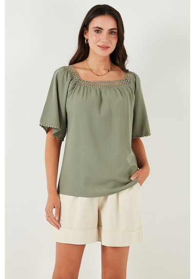Lela Güpürlü Regular Fit Kare Yaka Bayan Bluz 5869003 Olive