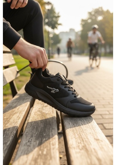 Enoch Erkek Spor Ayakkabı Kanguru Logolu Sneaker Fileli Hafif Koşu Ve Fitness Modeli Siyah